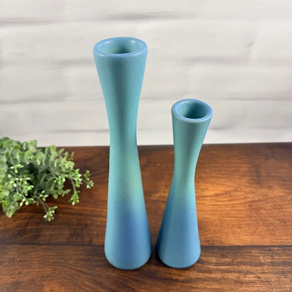 Van Briggle Pottery Blue Matte Bud Vases Graduated Pair 2004 Colorado Springs
